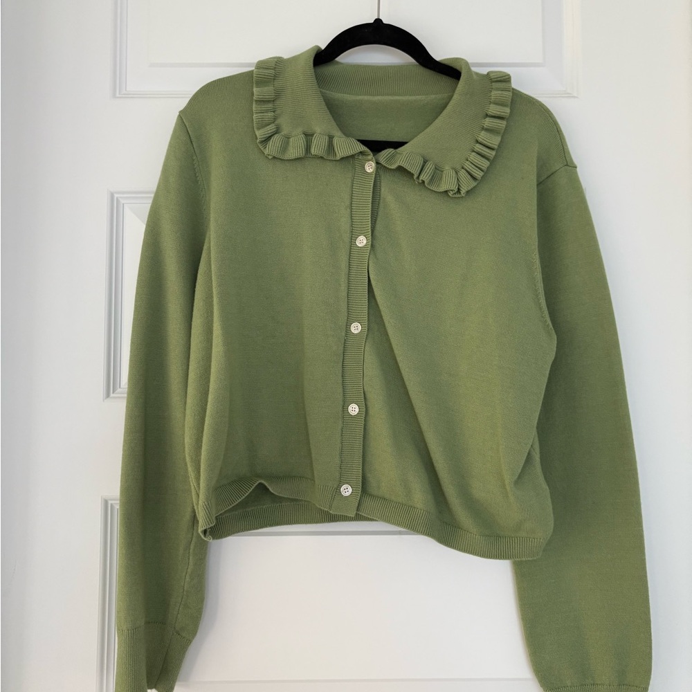 Amazon Olive Ruffled Collar Cardigan